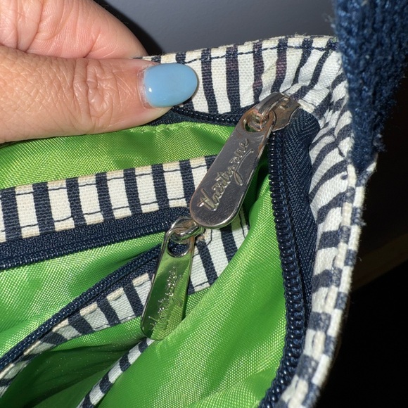 Striped Navy Blue and White Shoulder Bag with Lime Green Interior - Picture 6 of 7